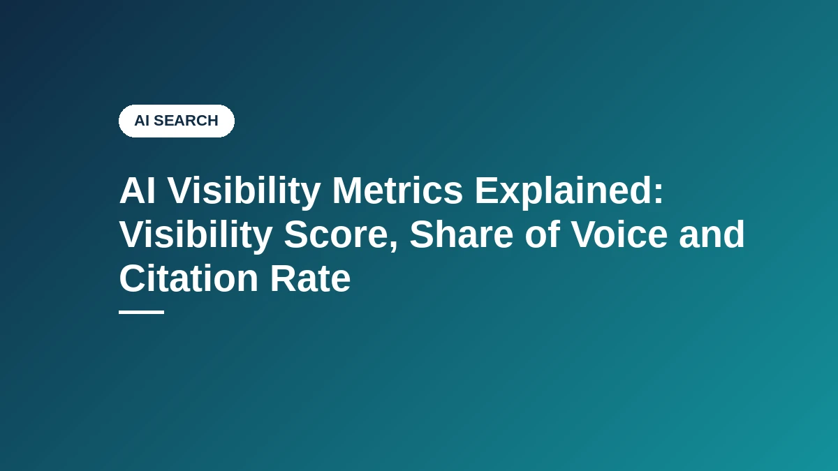 Navy and teal typographic featured image for the guide AI Visibility Metrics Explained, AI Search category.