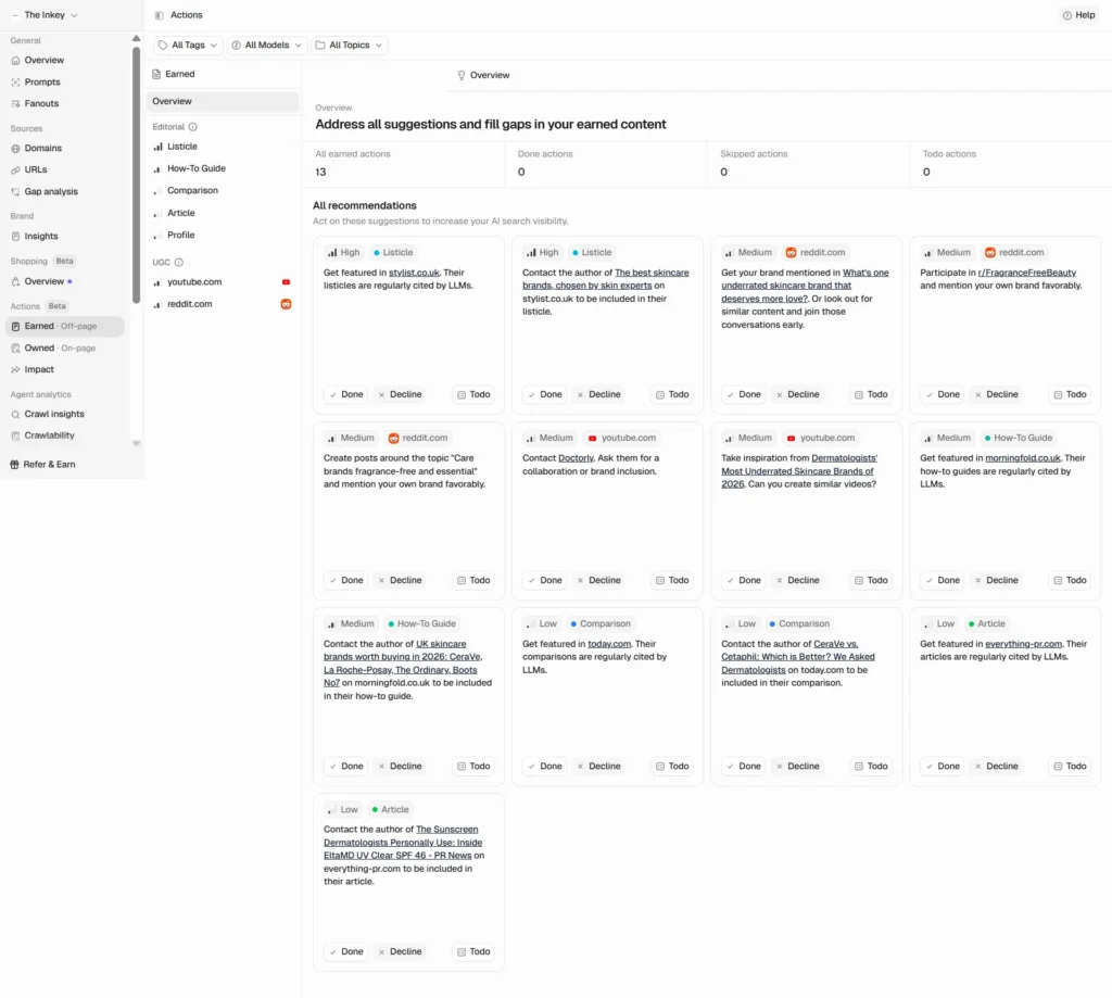 Peec.ai Actions Earned tab showing prioritised off-page recommendations