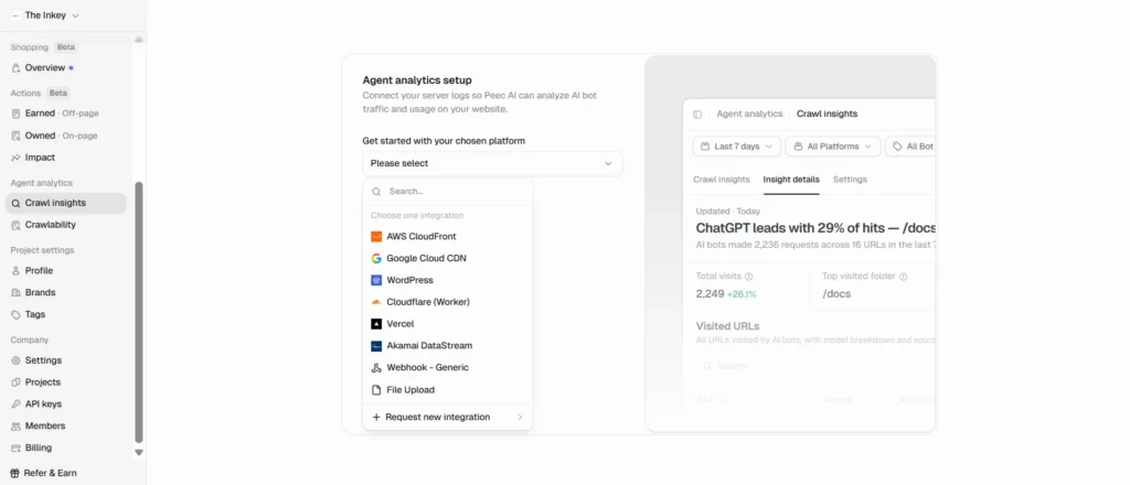 Peec.ai Crawl Insights setup screen showing the available log integration options